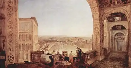 William Turner. Roma desde el Vaticano: Rafael, acompañado por la Fornarina, prepara sus cuadros para la decoración de la Logia. 1820.