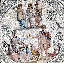 Mosaico llamado de los amores, con el tema del juicio de Paris, procedente de Cástulo.
