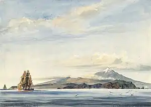 Vista del Teide desde el mar, en la acuarela sin título de Jules Marie Vincent de Sinety, de 1837. Pinacoteca do Estado de São Paulo, Brasil.