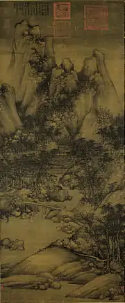 Xiao obteniendo por engaño el rollo del Pabellón de la Orquidia (蕭翼賺蘭亭圖). Tinta y color claro sobre seda. 144,1 × 59,6 cm. Taipéi, Museo Nacional del Palacio.