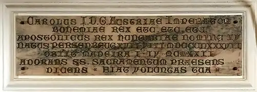 Placa conmemorativa de la capilla del Beato Carlos de Austria