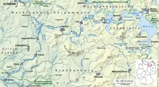 Röbel en un mapa del río Elde