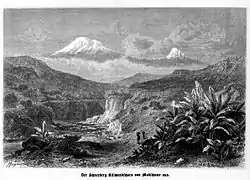 Kilimanjaro, grabado de 1869 de Ernst Heyn, creado con la ayuda de un dibujo de Von der Decken
