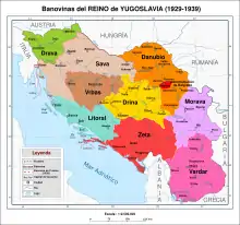 Carte des provinces de la Yougoslavie de 1929 à 1939