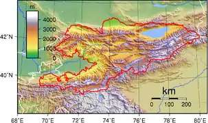 Mapa topográfico de Kirguistán.