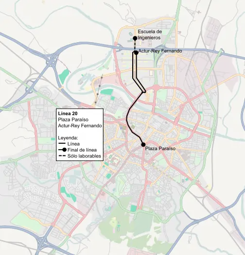 Recorrido de la línea 20 de TUZSA en la ciudad de Zaragoza.