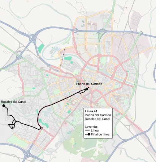 Recorrido de la línea 41 de TUZSA en la ciudad de Zaragoza.