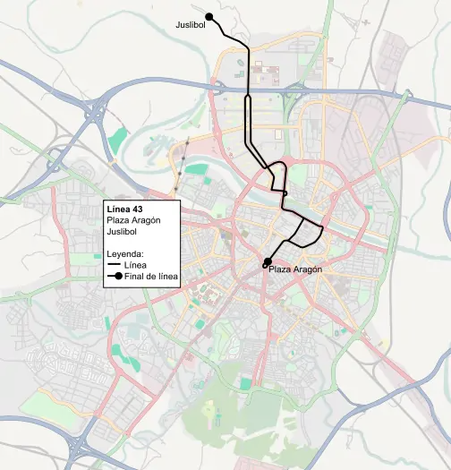 Recorrido de la línea 43 de TUZSA en la ciudad de Zaragoza.