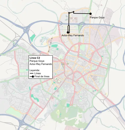 Recorrido de la línea C2 de TUZSA en la ciudad de Zaragoza.