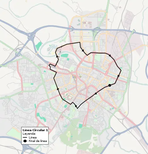 Recorrido de la línea Ci1 de TUZSA en la ciudad de Zaragoza.