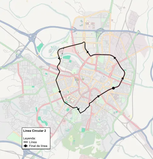 Recorrido de la línea Ci2 de TUZSA en la ciudad de Zaragoza.