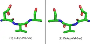 L-Peptide Asp-Val-Ser and its mirror image.