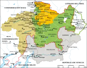 Las Tres Ligas grisonas y sus territorios sometidos. Se observa la estratégica situación del territorio entre el Milanesado, el Tirol, la condeferación suiza y la república veneciana.
                     Frontera suiza moderna
                     Fronteras jurisdiccionales
Tres ligas:
     Liga Gris (1424-)
     Liga de las Diez Jurisdicciones (1436-)
     Liga de la Casa de Dios (1367-)
     Zonas sometidas a las Tres Ligas (1512-1620, 1639-1797)
Zonas perdidas antes de 1797:
* Untercalven: perdida de 1616
* Tre Pievi: 1512-1524