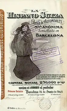 Acción de fundación de La Hispano Suiza Fábrica de Automóviles por 500 pesetas, emitida en Barcelona el 14 de junio de 1904, firmada en original por Damián Mateu, cofundador, presidente y financiero de la empresa