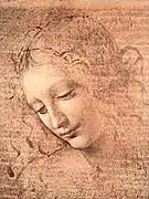 Leonardo: Cabeza de muchacha, llamada La despeinada (h. 1508), Tierra oscura, ámbar verdoso y cerusa sobre tabla, 24,7 x 21 cm