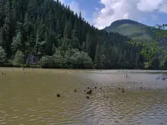 Montañas rodeando el Lago Rojo