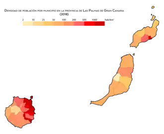 Densidad de población por municipio en la provincia de Las Palmas
