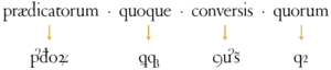 Abreviaciones latinas “praedicatorum” (“ꝕᵭoꝝ”), “quoque” (“ꝗqꝫ”), “conversis” (“ꝯꝟs̃”, “ꝯưs̃”), “quorum” (“qꝝ”, “qꝛ”)