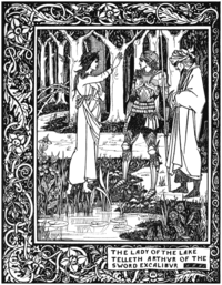 La Dama del Lago entregando a Arturo la espada Excalibur mientras Merlín observa. Aubrey Beardsley para Le Morte d'Arthur de Malory.