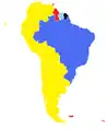 Lenguas en Sudamérica: El español (en amarillo); el portugués (en azul); el inglés (en rojo); el neerlandés (en celeste); y el francés (en negro).