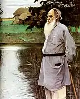 León Tolstói, en la orilla de la laguna en Yásnaia. 1907.M. Nésterov