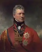 La pintura muestra a un hombre de aspecto severo vestido con un elaborado uniforme militar rojo con dos grandes premios clavados en su pecho.