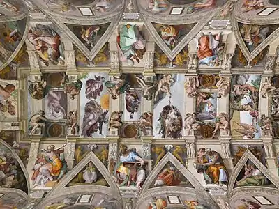 Parte del techo de la Capilla Sixtina en la Ciudad del Vaticano en Roma, mostrando el techo en relación con los otros frescos de las paredes formando un conjunto