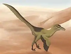 Reconstrucción de la vida de Linheraptor en su árido hábitat desértico.