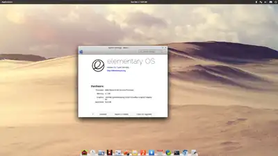 Captura de pantalla del escritorio de elementary OS 0.2 Luna, que muestra uno de los fondos de pantalla por defecto, el panel superior y la barra de aplicaciones inferior y una pantalla de Acerca mostrando información del sistema.