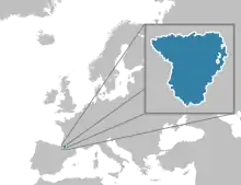 Localización de Bearne en Europa. La región de Bearne, dentro de los Pirineos Atlánticos, rodeada al sur por España, al oeste por Sola y Baja Navarra, al norte por las Landas, al noreste por el Gers y al este por los Altos Pirineos.