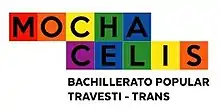 Logo del Bachillerato Popular "Mocha Celis" que dice "Mocha Celis -Bachillerato Popular Travesti-Trans". Las letras del Mocha Celis están escritas una al lado de la otra en negro y mayúscula en cuadrados de colores.