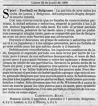 Crónica de un partido jugado durante el primer campeonato de rugby en 1899, entre Belgrano y Lomas.