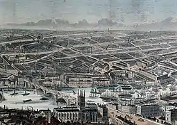 La activa navegación por el Támesis a mediados del siglo XIX, en un grabado de Frederick James Smyth. Barcos de altos mástiles se agolpan río abajo, mientras que gabarras y barcos de vapor de humeantes chimeneas pueden atravesar el puente de Londres.
