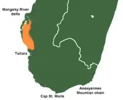 Distribución (naranja) en la zona sur de Madagascar