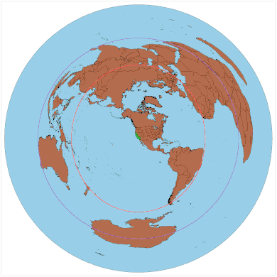 Mapa centrado en Los Ángeles, cuya antípoda se encuentra en el sur del Océano Índico.