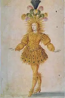 Para celebrar la victoria del joven rey sobre la Fronda, el "Rey Sol" danzó con este atuendo en el Ballet de la Nuit (1653, junto al músico Jean-Baptiste Lully).