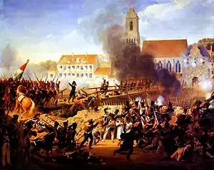 French troops storming the bridge at the Battle of Landshut