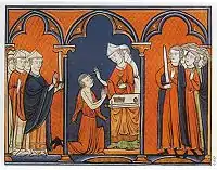Iluminación que muestra a Luis IX arrodillado, en posición de rezo, frente a un obispo que le unge. Los prelados del Reino presentes a la izquierdo, los señores a la derecha.