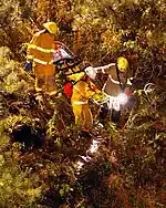 Bomberos con abrigos con tiras de alta visibilidad