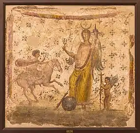 Fresco mural que representa a Fortuna o Isis con una cornucopia, un sistro y un globo terráqueo sostenido por un timón en la casa de Filocalus, Pompeya.