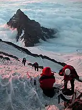 Escaladores ascendiendo al Mount Rainier, Washington. Entre la niebla, el Little Tahoma