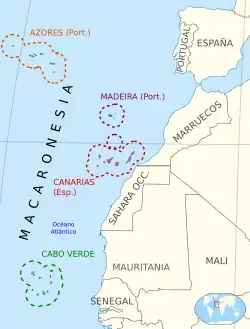 Expansión castellana y portuguesa por el Atlántico (de norte a sur: Azores [1431], Madeira [1418], Canarias [desde 1402] y Cabo Verde [1462]).