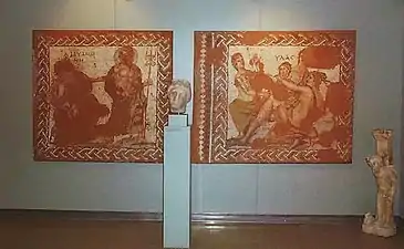 Dos mosaicos del periodo romano, representando uno de ellos a Poseidón y el otro a Hilas y las ninfas.