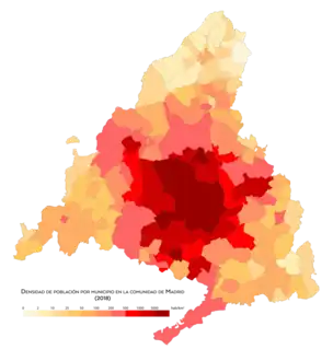 Densidad de población por municipios en la comunidad de Madrid en 2018