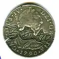 Anverso de moneda de 8 reales (plata) de Carlos IV de 1790 resellada en Malasia.