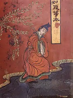 Figura masculina con vestido  Hanfu , de una pintura lacada sobre madera, período Wei del Norte, siglo V d.C.