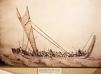 Canoa de guerra neozelandesa. Sus ocupantes lanzas un desafío a la tripulación del barco. Dibujo de Herman Dietrich Spöring, fechado en 1770. Museo Británico, Londres.