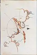 Mapa de figuración de los fondos marinos de Piri Reis. Según su autor incluye "todas las costas, las islas pobladas o desérticas, los ríos, las rocas a flor de agua o bajo el agua, los bancos de arena (...)"