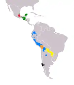 Áreas de distribución de las lenguas indígenas americanas más habladas en Suramérica a principios del siglo XXI: quechua en azul; guaraní en amarillo; aimara en naranja; mapuche en negro.