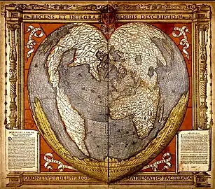 Mapamundi de Oroncio Fineo  (1536). La Terra Australis es el gran continente que figura en la parte meridional.